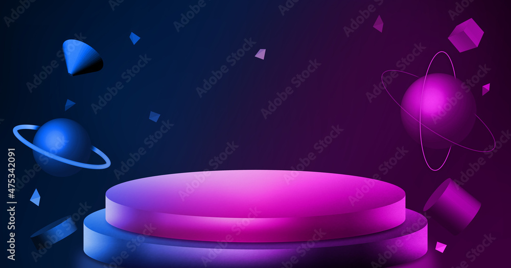 Poster 3d rendering of neon floating geometry and still life displays of planets