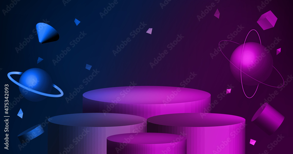 Aufkleber 3d rendering of neon floating geometry and still life displays of planets