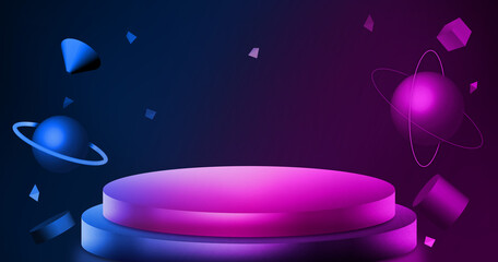 3d rendering of neon floating geometry and still life displays of planets