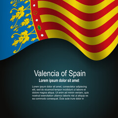 Flag of Valencia of Spain flying on dark background with text