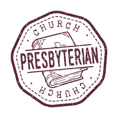 Presbyterian Church Religion Stamp Vintage Vector. Illustration Postmark Religious Clip Art Symbol.