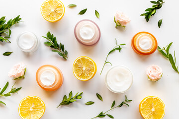 Beauty treatment with skin herbal cosmetic cream. Top view