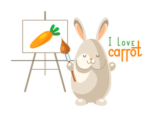 Cute rabbit artist with carrot in the painting. Lettering in cartoon style "I love carrot". Isolated white background.