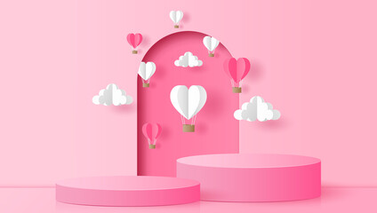 Paper cut of pink cylinder podium with heart hot air balloons and clouds for products display presentation, Valentine's Day sale concept