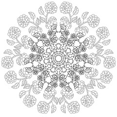 Mandala of floral elements for coloring. Round monochrome floral pattern for recreation, adult coloring book.