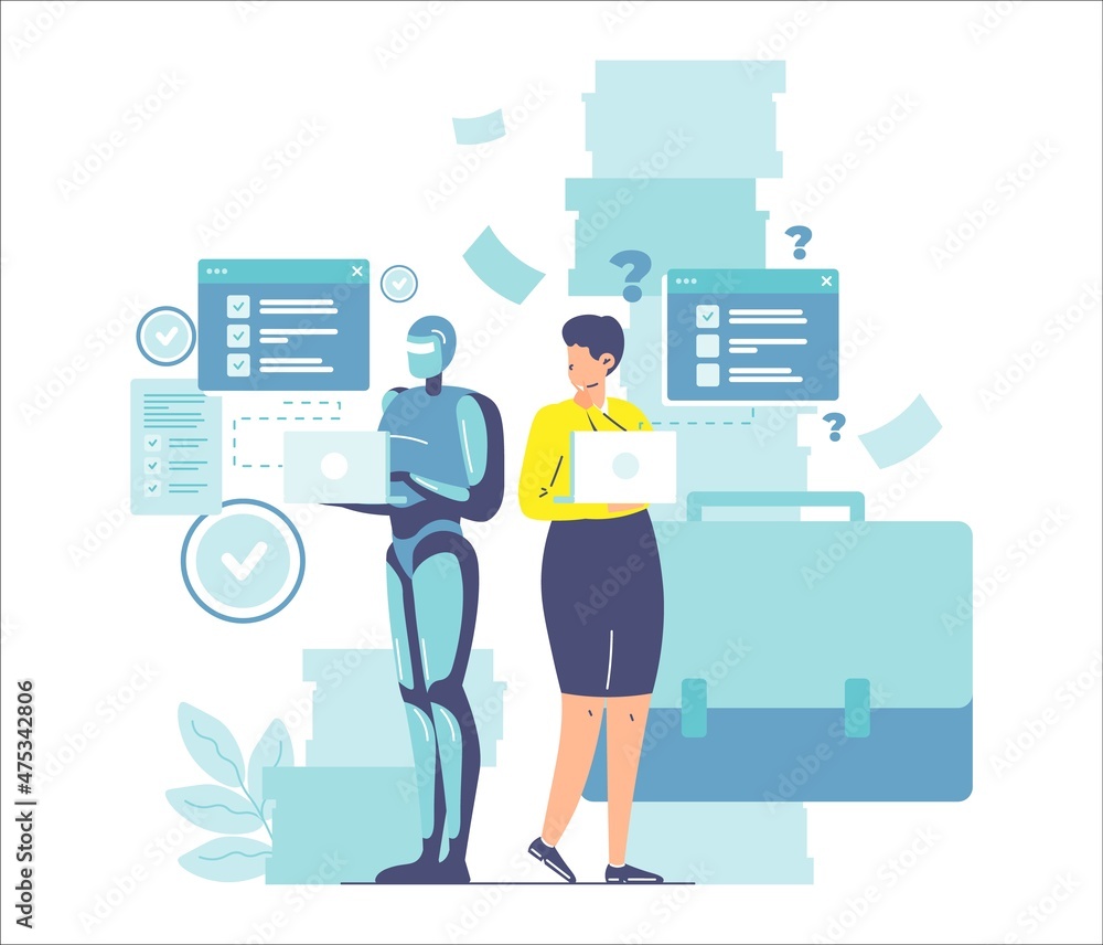 Poster ai working better than human, vector illustration. artificial intelligence vs human productivity. ro