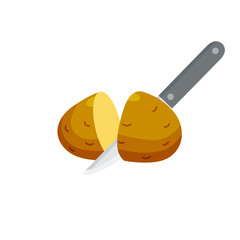 Sliced Potatoes with knife. Piece of brown root vegetable. Cooking the ingredient. Flat Illustration