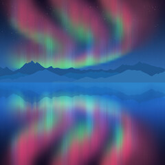 Aurora borealis reflected in the sea, winter holiday illustration	