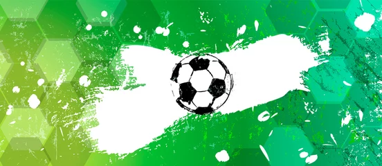 Foto op Plexiglas abstact background, with soccer ball, football, paint strokes and splashes, grungy, free copy space © Kirsten Hinte
