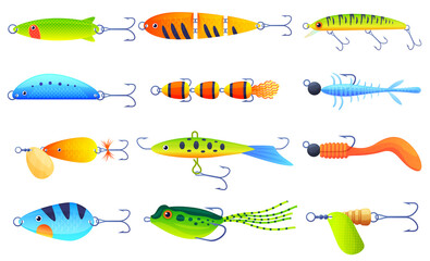 Collection bright bait for fish vector flat illustration. Set of fishing lure with floating and hook - obrazy, fototapety, plakaty