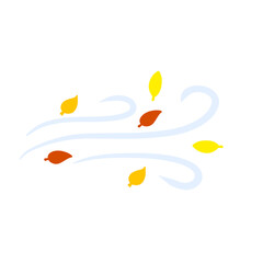 Fototapeta na wymiar Autumn Wind. Stream of air with red and yellow leaves. Blue wavy line. Breeze and weather icon. Leaf fall. Flat illustration