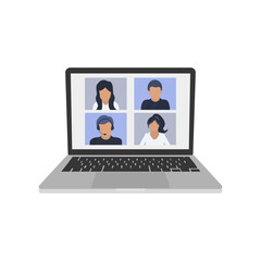 Illustration of a diverse group of friends or colleagues in a video conference on laptop computer screen. Vector illustration.