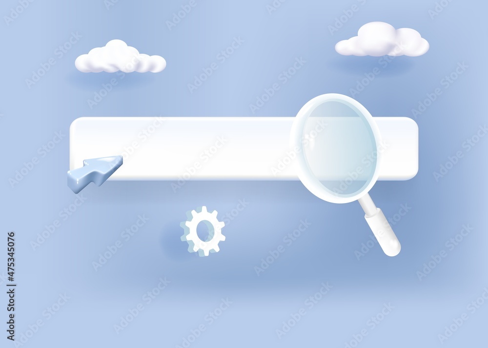 Poster search bar template for website. navigation search for browser. realistic 3d arrow, cursor.