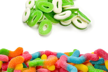 Green gummy candies rings isolated on white. Top view. Jelly  sweets.