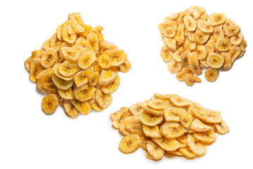 Banana chips isolated on a white background. Dehydrated banana.