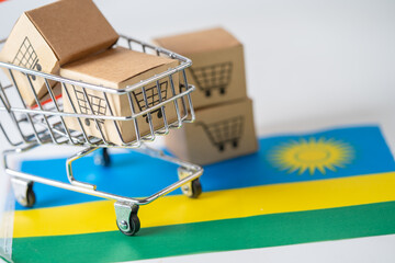 Box with shopping cart logo and Rwanda flag, Import Export Shopping online or eCommerce finance delivery service store product shipping, trade, supplier concept.