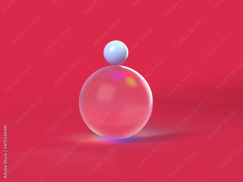 Aufkleber 3d rendered round shapes in transparent material on a red background. illustration of abstraction, g
