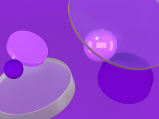3D rendered round shapes in semi-transparent material on a purple background. Illustration of abstract cubes, geometry, or minimalism. Visualization of illusion and backgrounds.