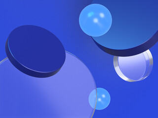 3D rendered round shapes in semi-transparent material on a blue background. Illustration of abstract cubes, geometry, or minimalism. Visualization of illusion and backgrounds.