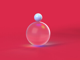 3D rendered round shapes in transparent material on a red background. Illustration of abstraction, geometry, or minimalism. Visualization of illusion and backgrounds.