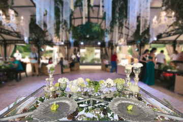 Wedding Banquet hall decorated with flowers