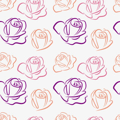 Roses in trendy colors on light gray background, seamless floral pattern.