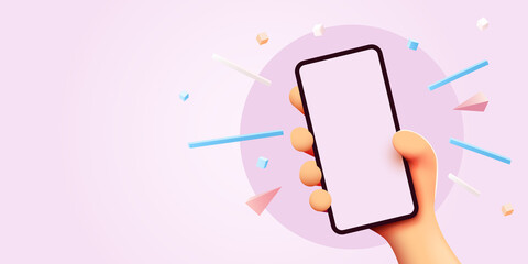 Cute cartoon hand holding mobile smart phone. Modern mockup.