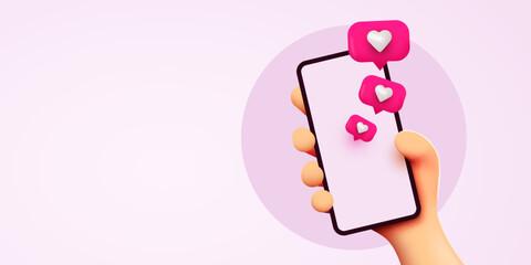 Cute cartoon hand holding mobile smartphone with Likes notification icons. Social media and marketing concept.