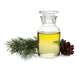 Obraz na płótnie Canvas Glass bottle of essential oil and fir branch with cone on white background