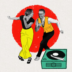 Contemporary art collage, modern design. Party mood. Couple of dancers dancing to retro music isolated on abstract backgaround