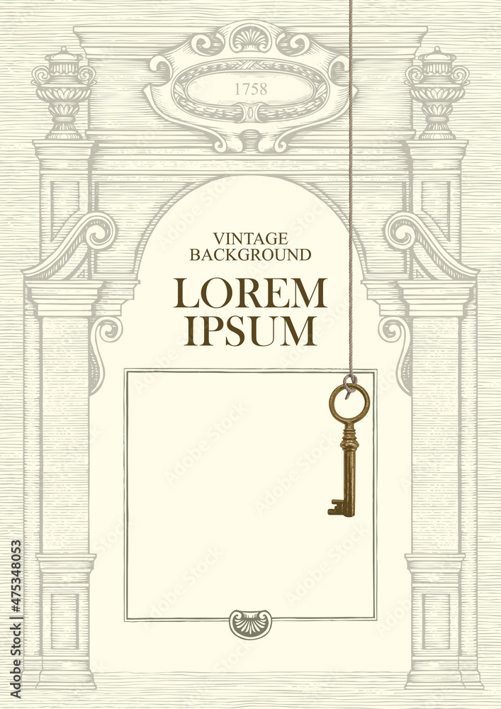 Poster vector background with a beautiful old key hanging on string and a place for text in an artistic fra