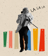 Modern design, contemporary art collage. Inspiration, idea, trendy urban magazine style. Man playing on xylophone