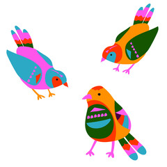 Various birds with different folk ornaments. Paper cut scandinavian style. Flat design. Hand drawn colored vector set. Modern trendy illustration. 
