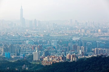 Aerial view of Taipei, capital city of Taiwan, with heavily polluted air on a hazy winter day ~  Air pollution level of PM 2.5 classified as "Beyond Index" 