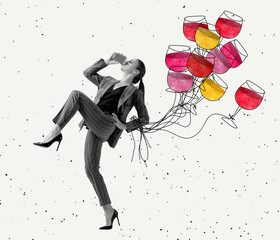 Contemporary art collage, modern design. Beautiful woman in business suit drinks coffee and strolling with wine glasses as balloons