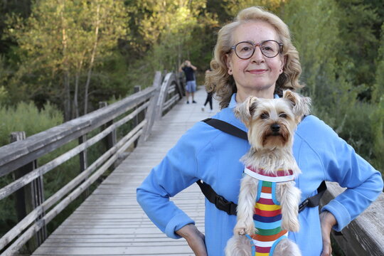 Cute Mature Woman Carrying Small Dog On Chest