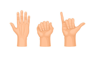 Various hand gestures set. Male palm showing different signs vector illustration