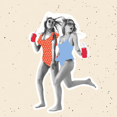 Two beautiful girls in swimming suits with lemonade on light background. Contemporary art collage,...