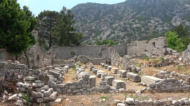 Olimpos, Antalya, Turkey - 29th of May 2021: 4K Ruins of ancient buildings the Olimpos city
