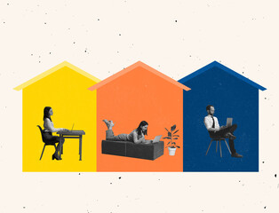 Creative design. Group of people, male and female working, studying remotely at home