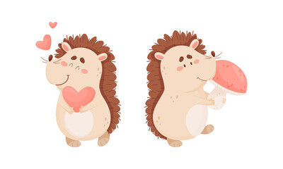 Cute funny hedgehog character activities set. Adorable baby animal with red heart and mushroom cartoon vector illustration