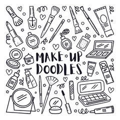 Doodle beauty make up collection. Set of hand drawn cosmetics elements. Brush, nail polish, foundation, perfume, eye shadow, mascara, mirror, cream, lipstick. Outline vector illustration