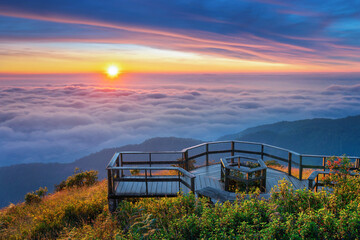 Beautiful sunset at Kew Mae Pan viewpoint in Doi inthanon, Chiang Mai, Thailand.