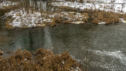Winter landscape of a small river in early winter on a cloudy day. River dry grass in the crystals. - Powered by Adobe