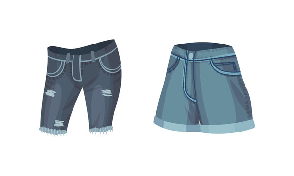 Fashionable denim clothes set. Blue jean shorts and skirt female casual outfit vector illustration