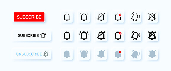 Subscribe icon set. Notifications bell on and off. Neumorphism style. Vector line icon for Business and Advertising