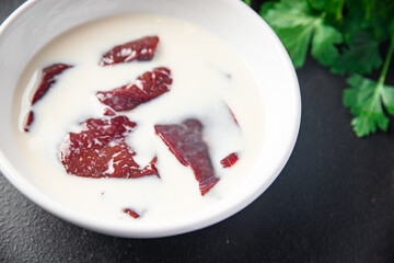 raw liver beef or pork healthy meal food diet snack on the table copy space food background rustic. top view keto or paleo diet