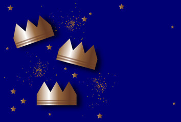 Three gold crowns for Traditional Three King's Day of January 6, holiday background vector illustration