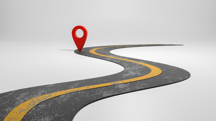 Road concrete infographics with pointers designed, winding road to success with red pin pointers, Timeline template, business journey way, navigating, roadway graphic illustrations graph, 3d render