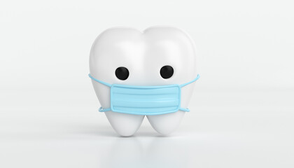 3D Cute healthy, bright white tooth wearing a mask